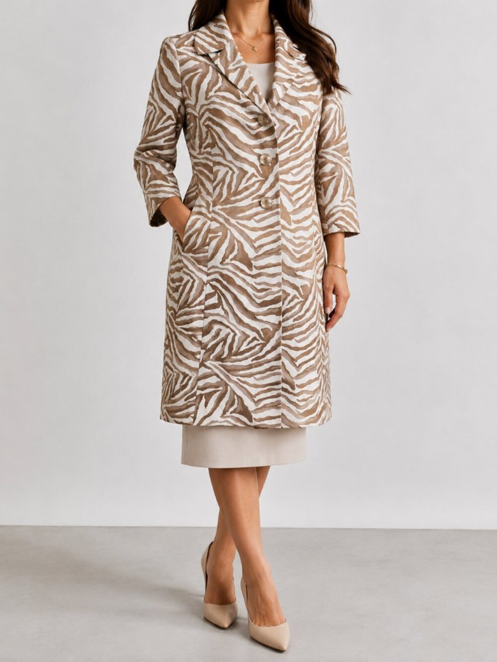 Kasper Womens 10 Zebra Print Topper Coat Beige White 3/4 Sleeve Lined